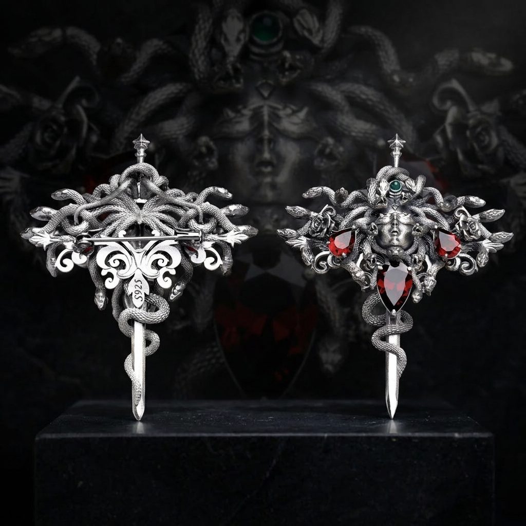 s925 Sterling Silver Garnet Medusa Sword Rose Pendant and Pin Brooch Duo