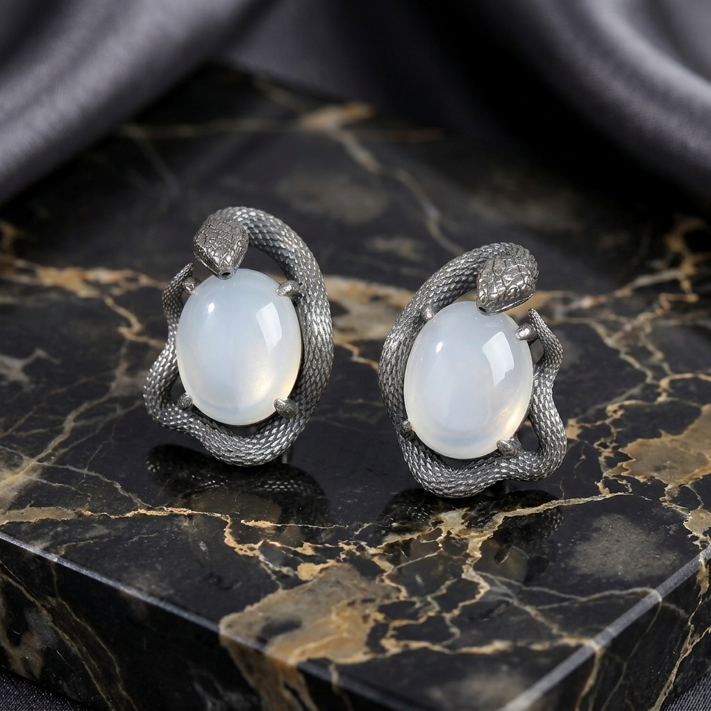 s925 Sterling Silver Snake Moon Stone Stud Earrings