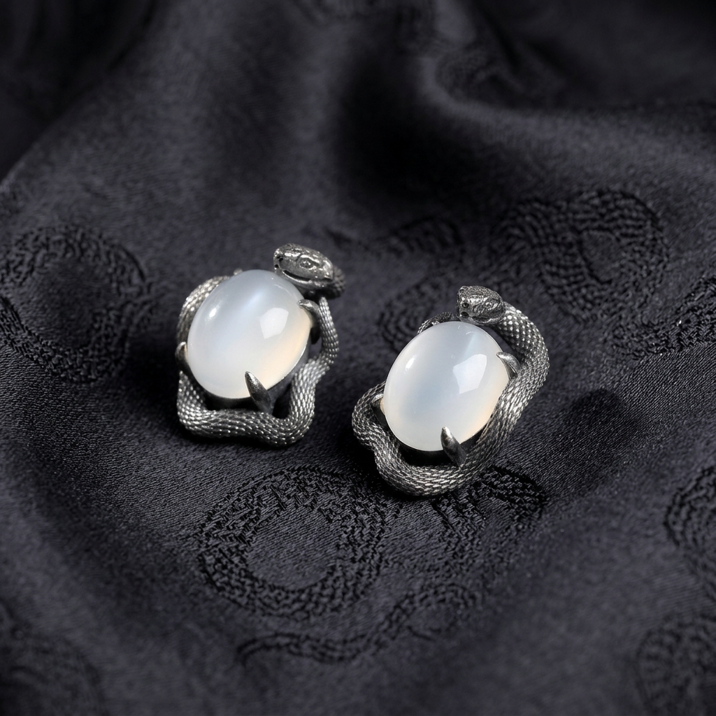 s925 Sterling Silver Snake Moon Stone Stud Earrings