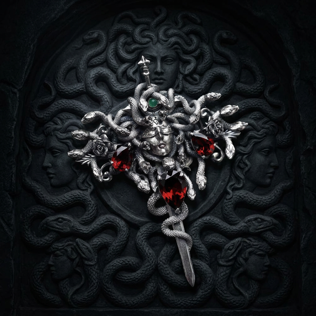 s925 Sterling Silver Garnet Medusa Sword Rose Pendant and Pin Brooch Duo