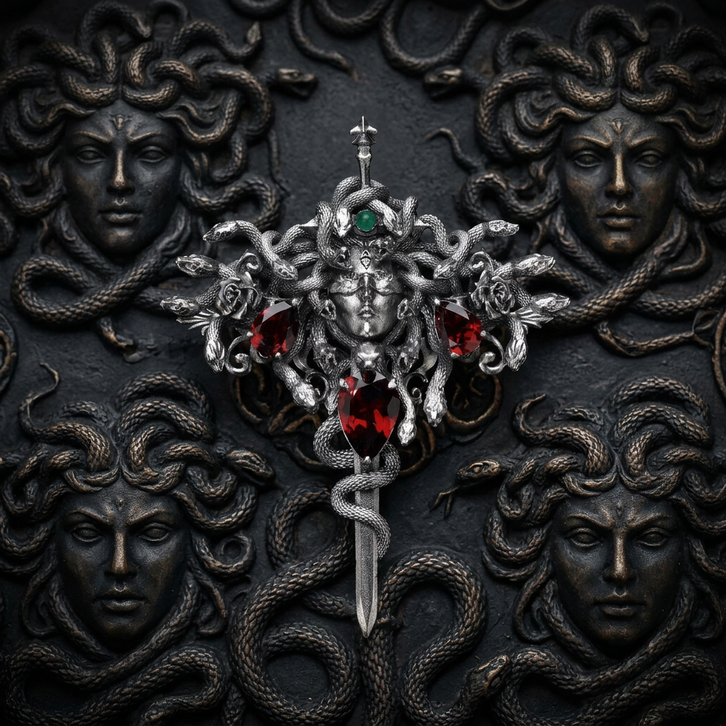 s925 Sterling Silver Garnet Medusa Sword Rose Pendant and Pin Brooch Duo