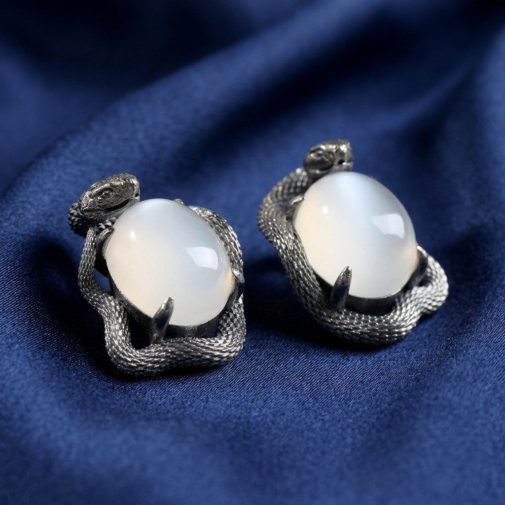 s925 Sterling Silver Snake Moon Stone Stud Earrings
