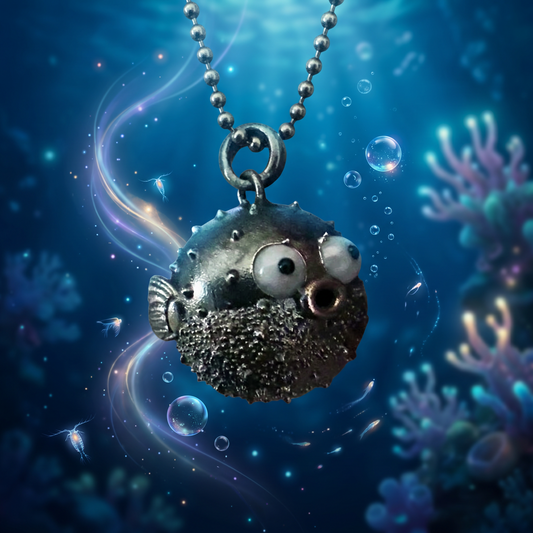 s925 Sterling Silver Vintage Angry Pufferfish Fish Cute Pendant Necklace