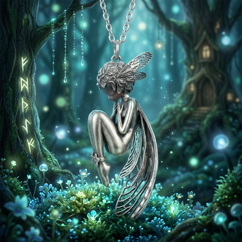 s925 Sterling Silver White Crystal Cicada Fairy Girl With Wings Sleeping Pendant Necklace