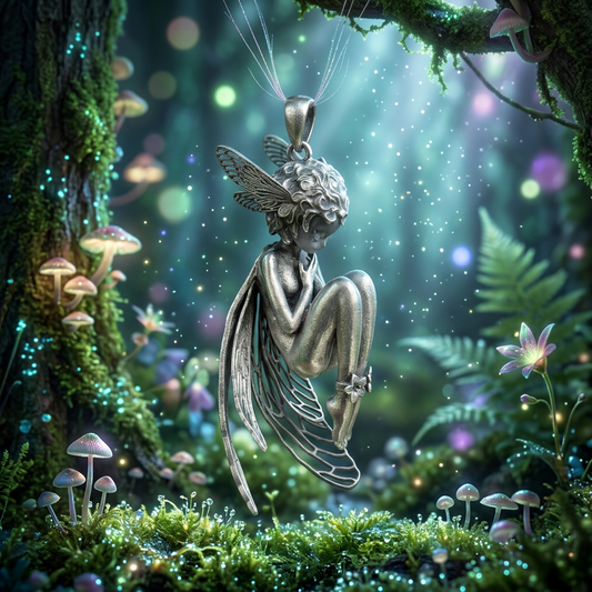 s925 Sterling Silver White Crystal Cicada Fairy Girl With Wings Sleeping Pendant Necklace
