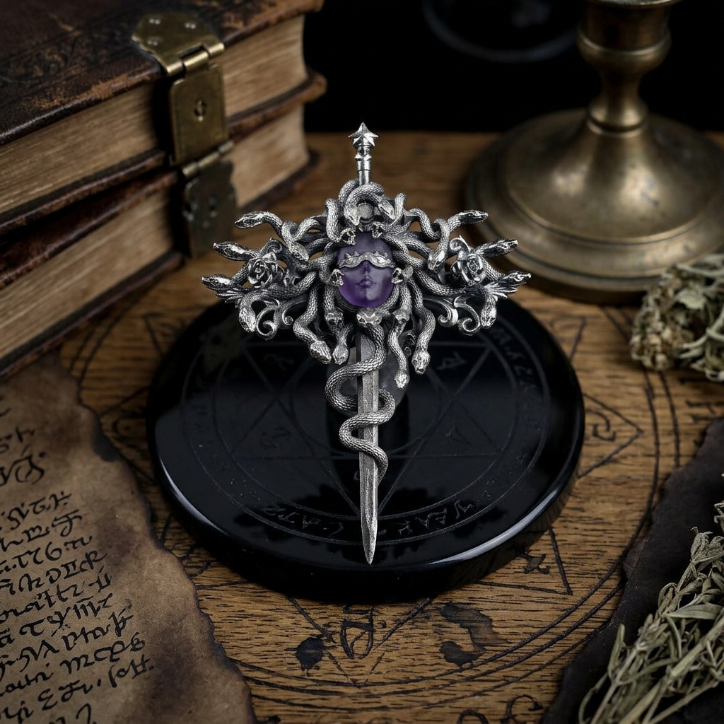 s925 Sterling Silver Amethyst Medusa Sword Pendant and Pin Brooch