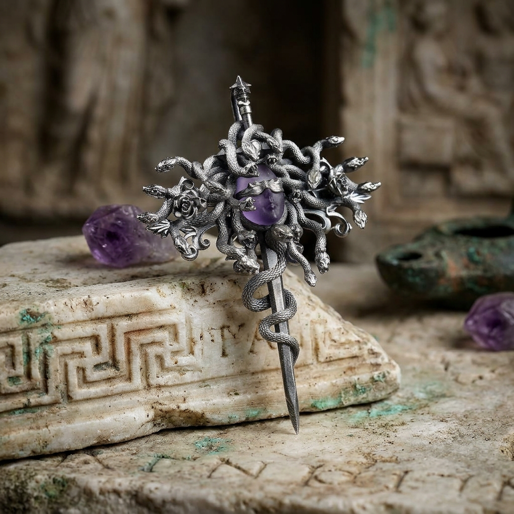 s925 Sterling Silver Amethyst Medusa Sword Pendant and Pin Brooch