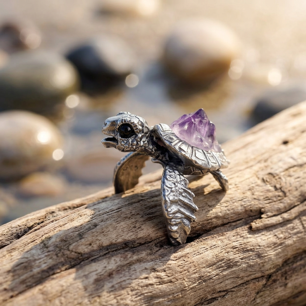 s925 Sterling Silver Purple Amethyst Turtle Open Band Ring and Pendant