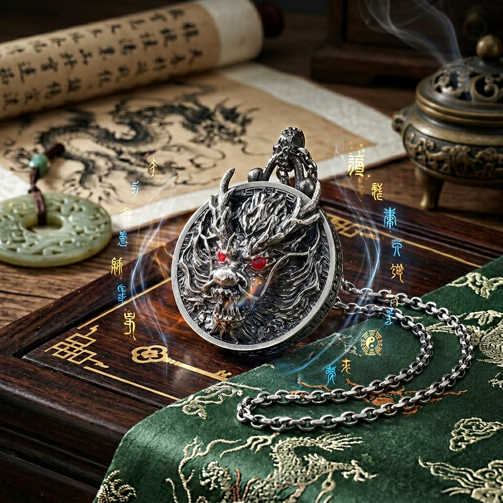 s925 Sterling Silver Vintage Dragon Head Round Pendant