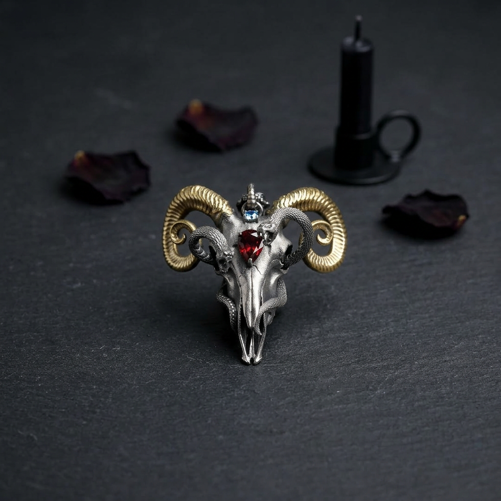 s925 Sterling Silver Skull Ram Sheep Snake Design Pendant Necklace