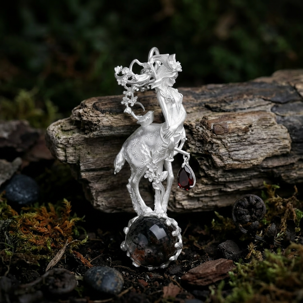 s925 Sterling Silver Deer Girl Fairy Spirit Pendant with Crystal Accent Necklace