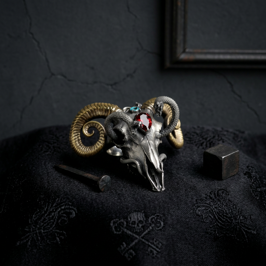 s925 Sterling Silver Skull Ram Sheep Snake Design Pendant Necklace