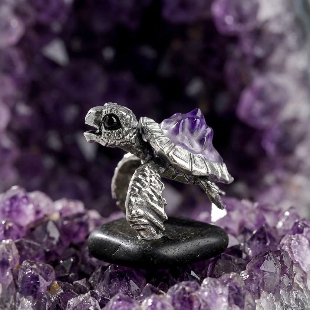 s925 Sterling Silver Purple Amethyst Turtle Open Band Ring and Pendant
