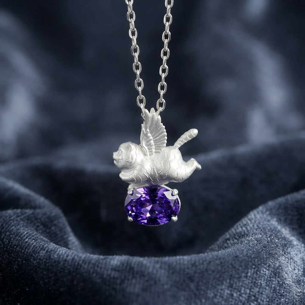 s925 Sterling Silver Unique Flying Wing Tiger Amethyst. Swiss Blue Topaz Pendant Necklace