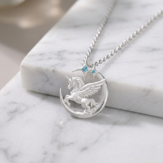 s925 Sterling Silver Moon and Unicorn Pendant Necklace
