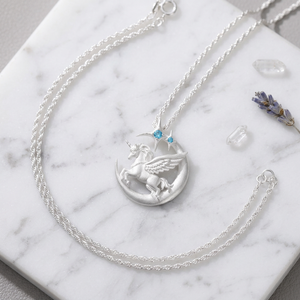 s925 Sterling Silver Moon and Unicorn Pendant Necklace