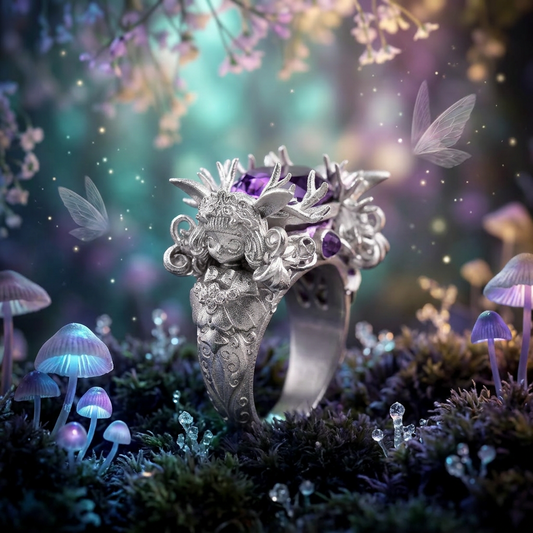 s925 Sterling Silver Amethyst Deer Fairy Ring