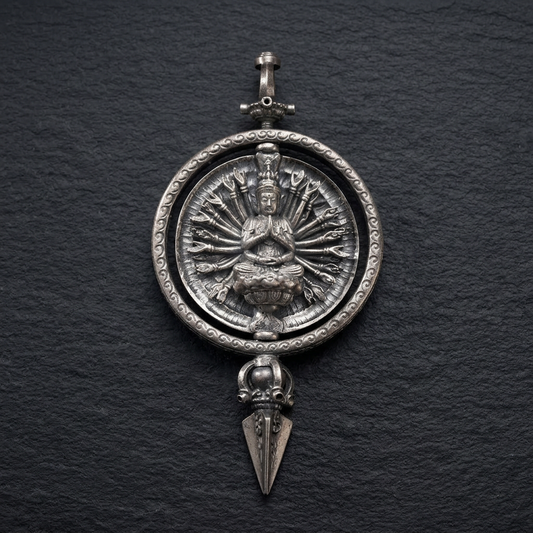 s925 Sterling Silver Rotatable Thousand-Armed Avalokiteshvara Buddha Statue Pendant