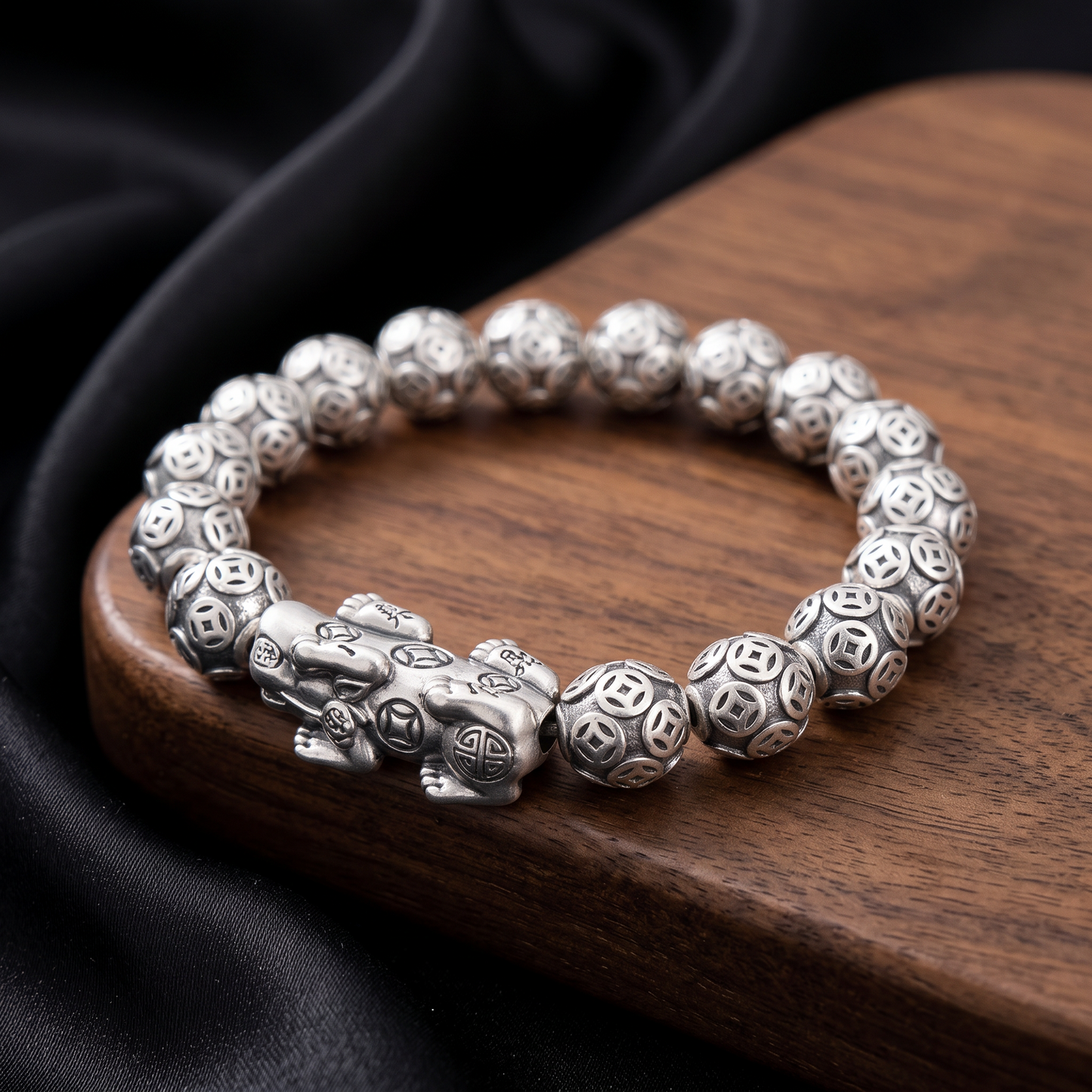 999 Fine Silver Pixiu Wealth Coin Feng Shui Charm Beads Bracelet Unisex Men and Women