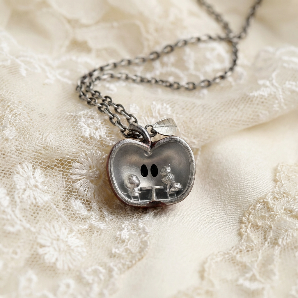 s925 Sterling Silver Red Apple White Crystal Reversible Cat Pendant Necklace