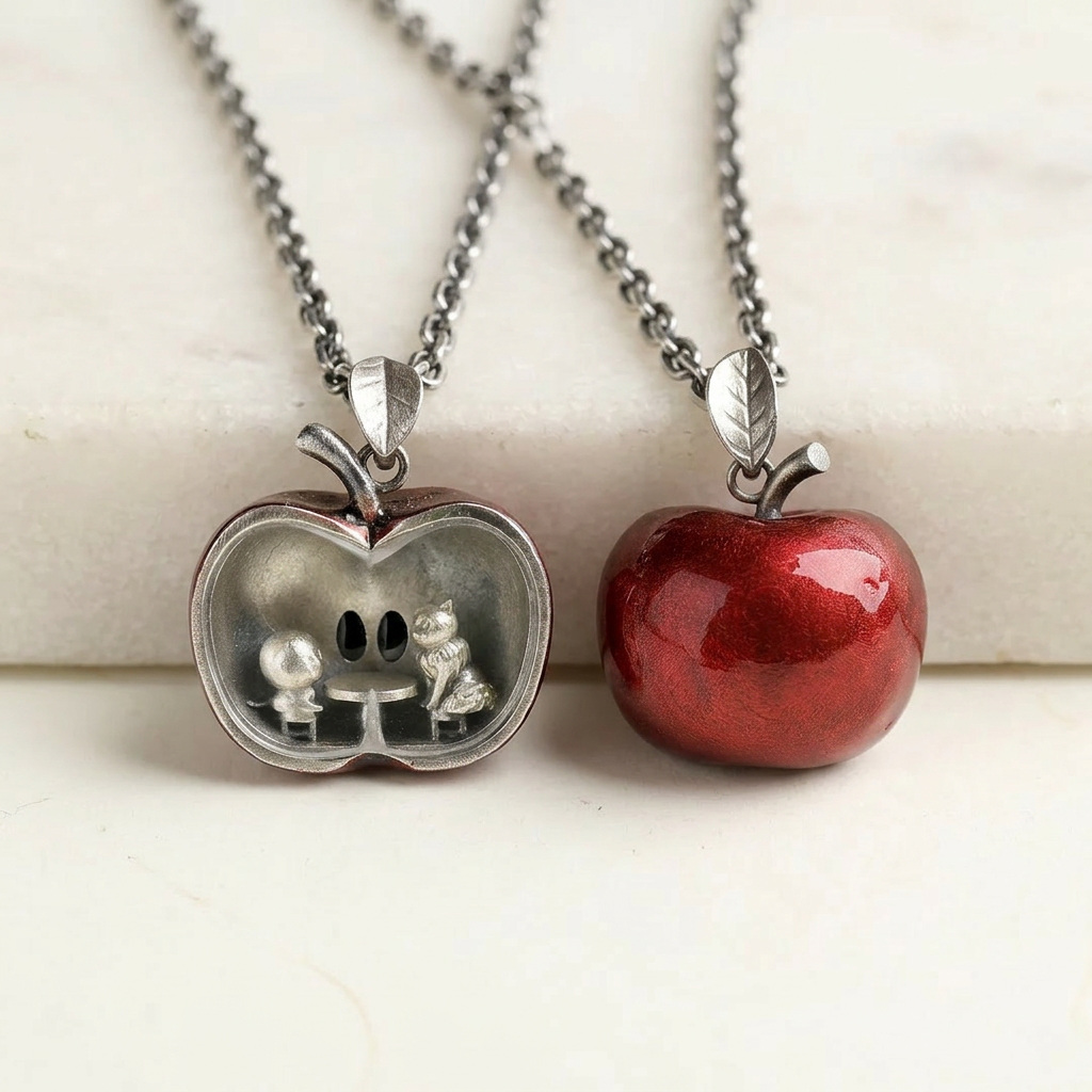 s925 Sterling Silver Red Apple White Crystal Reversible Cat Pendant Necklace