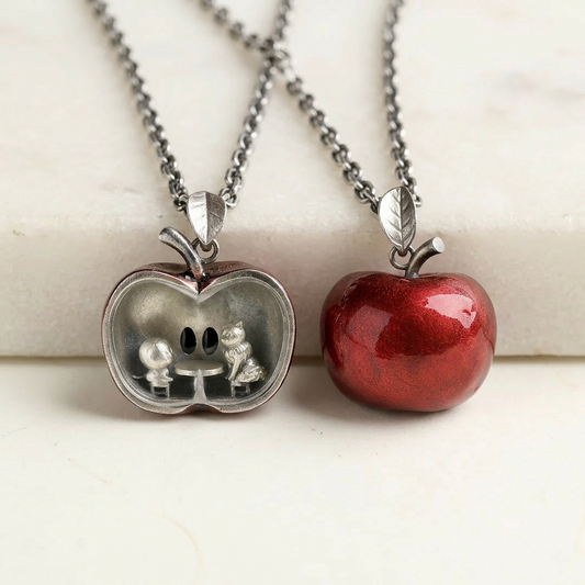 s925 Sterling Silver Red Apple White Crystal Reversible Cat Pendant Necklace