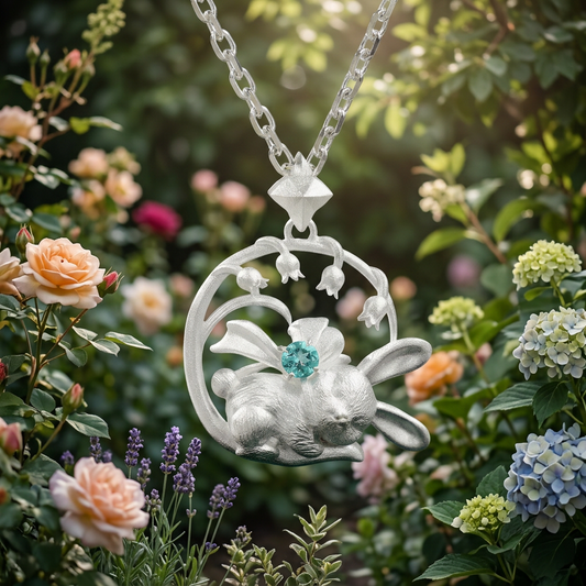 s925 Sterling Silver Cute Sleeping Rabbit Bunny Topaz Round Pendant Necklace