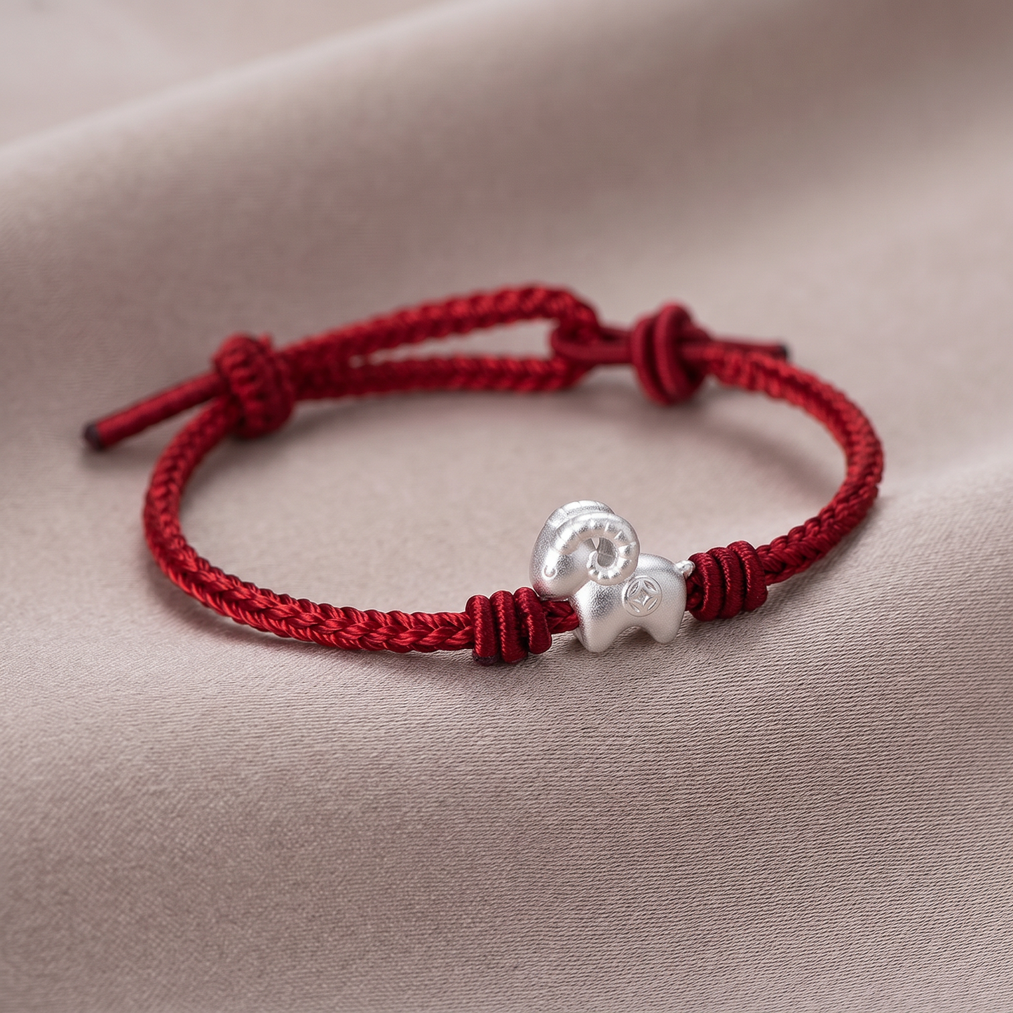 999 Fine Sterling Silver Chinese Zodiac Sheep Charm Braided Bracelet