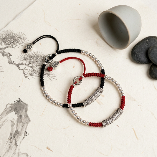 s999 s925 Sterling Silver Six-Character Mantra Red String Bracelet Tibetan Style Unisex