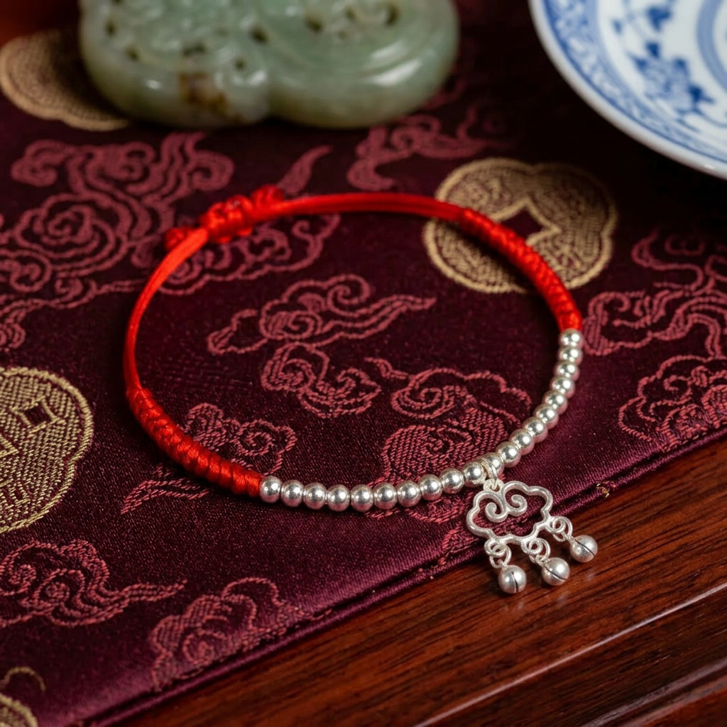 s925 Sterling Silver Lucky Ruyi Lock Pendant Pet Collar with Bell Adjustable Braided Necklace Cat Dog