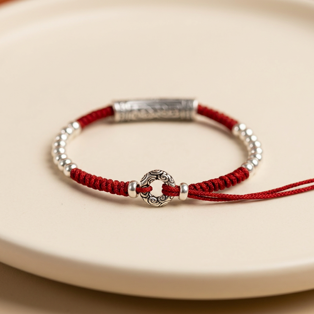 s999 s925 Sterling Silver Six-Character Mantra Red String Bracelet Tibetan Style Unisex