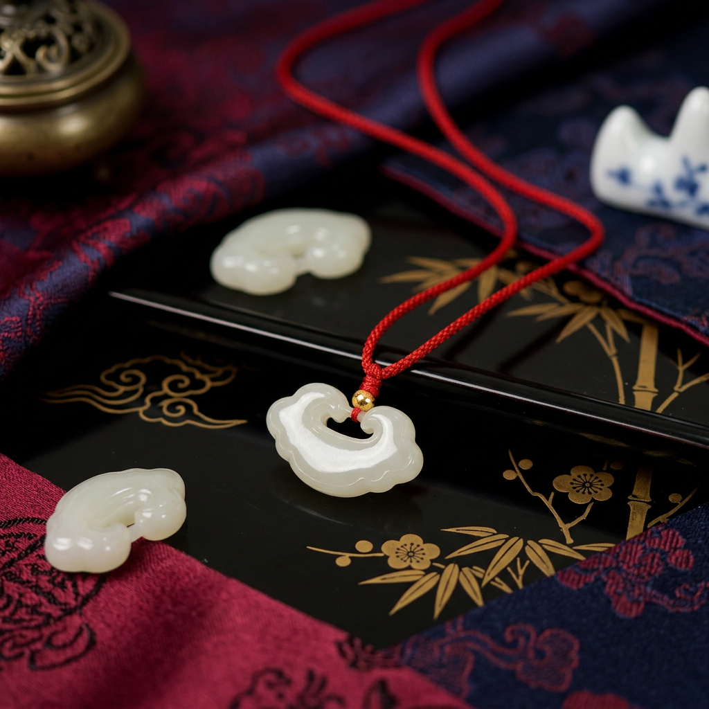 s925 Sterling Silver Bead Hand-Carved Jade Ruyi Pendant Braided Cord Adjustable Necklace