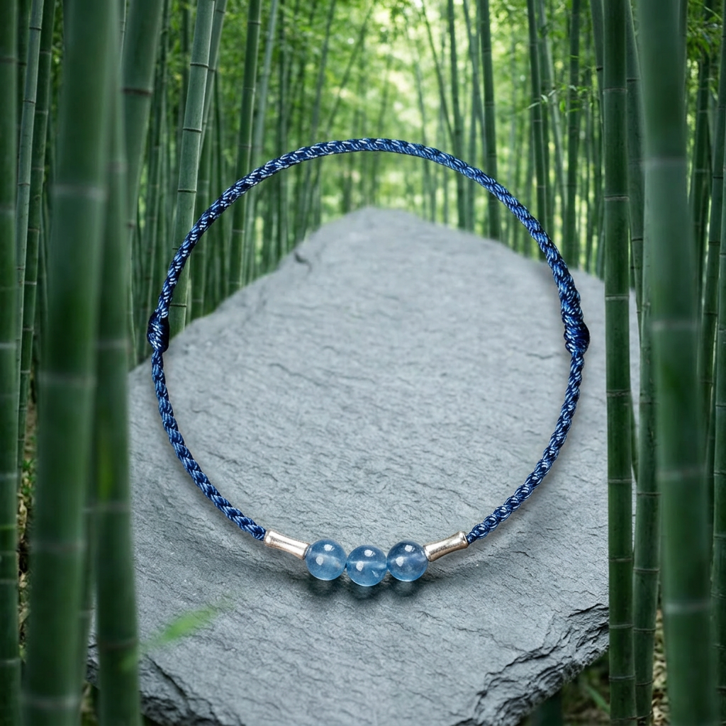 s925 Sterling Silver Bamboo Charm Lucky Aquamarine Crystal Beads Adjustable Bracelet Anklet