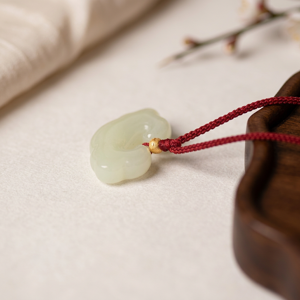 s925 Sterling Silver Bead Hand-Carved Jade Ruyi Pendant Braided Cord Adjustable Necklace
