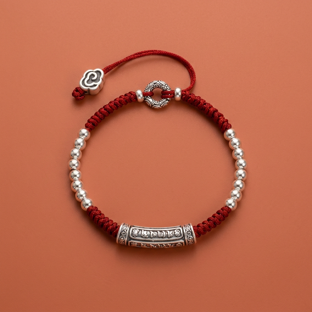 s999 s925 Sterling Silver Six-Character Mantra Red String Bracelet Tibetan Style Unisex