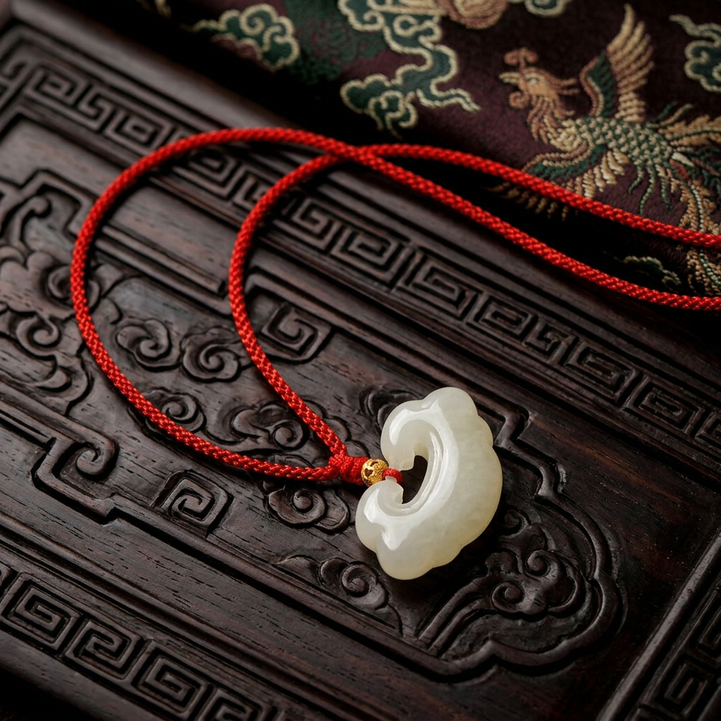 s925 Sterling Silver Bead Hand-Carved Jade Ruyi Pendant Braided Cord Adjustable Necklace