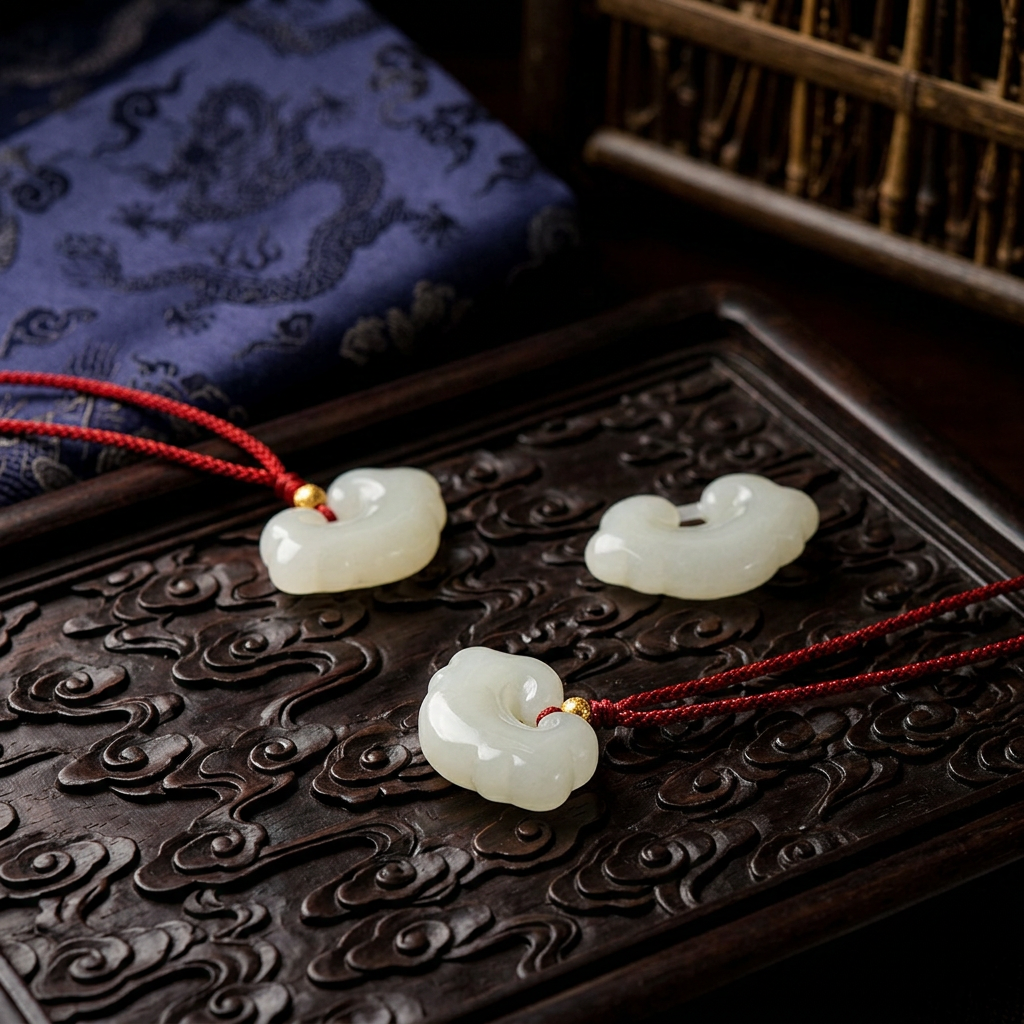 s925 Sterling Silver Bead Hand-Carved Jade Ruyi Pendant Braided Cord Adjustable Necklace