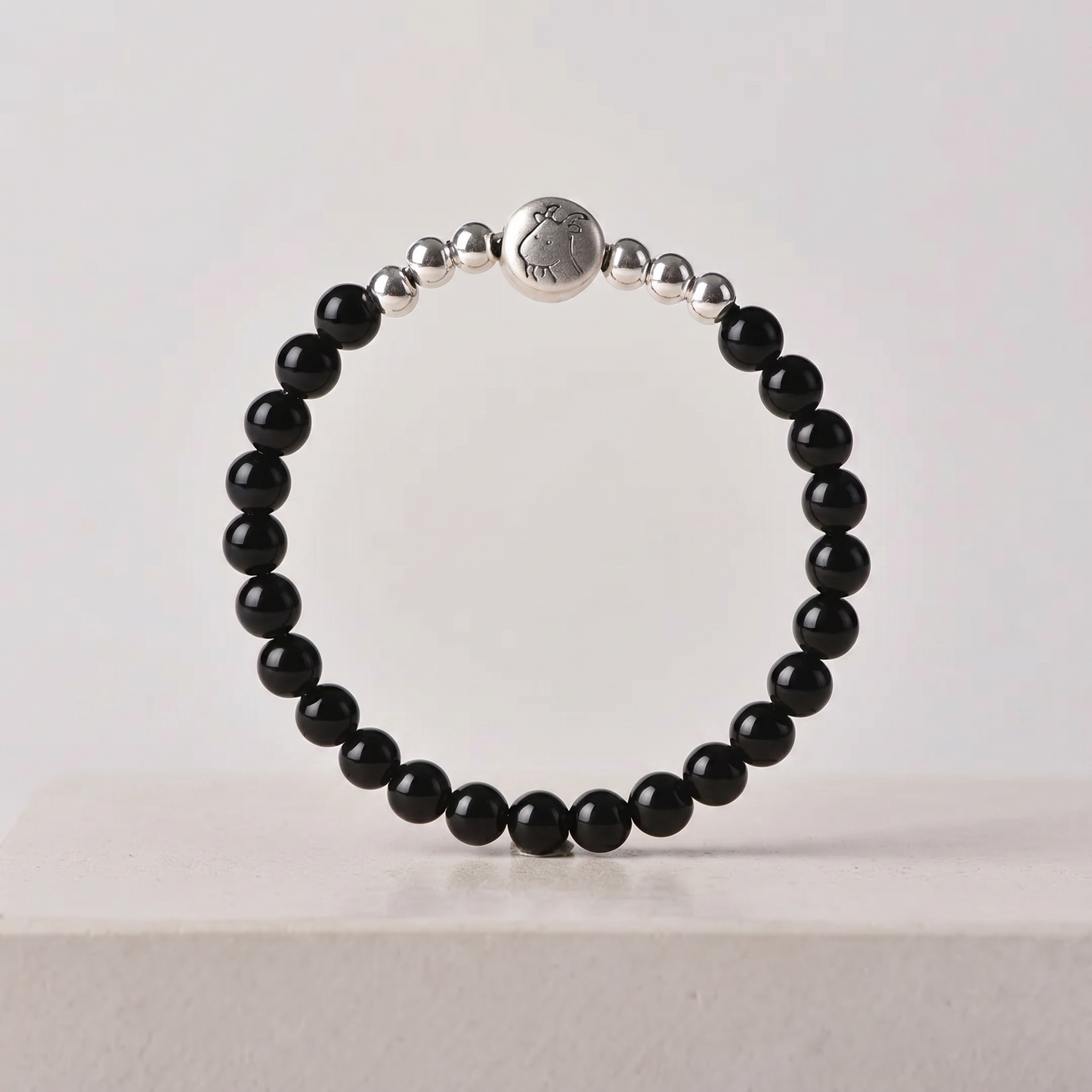 999 Fine Sterling Silver Natural Obsidian Beaded Chinese Zodiac Sheep Charm Braided Bracelet