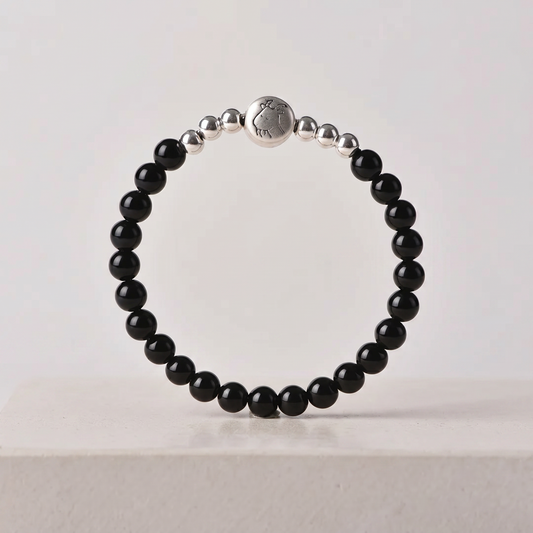 999 Fine Sterling Silver Natural Obsidian Beaded Chinese Zodiac Sheep Charm Braided Bracelet