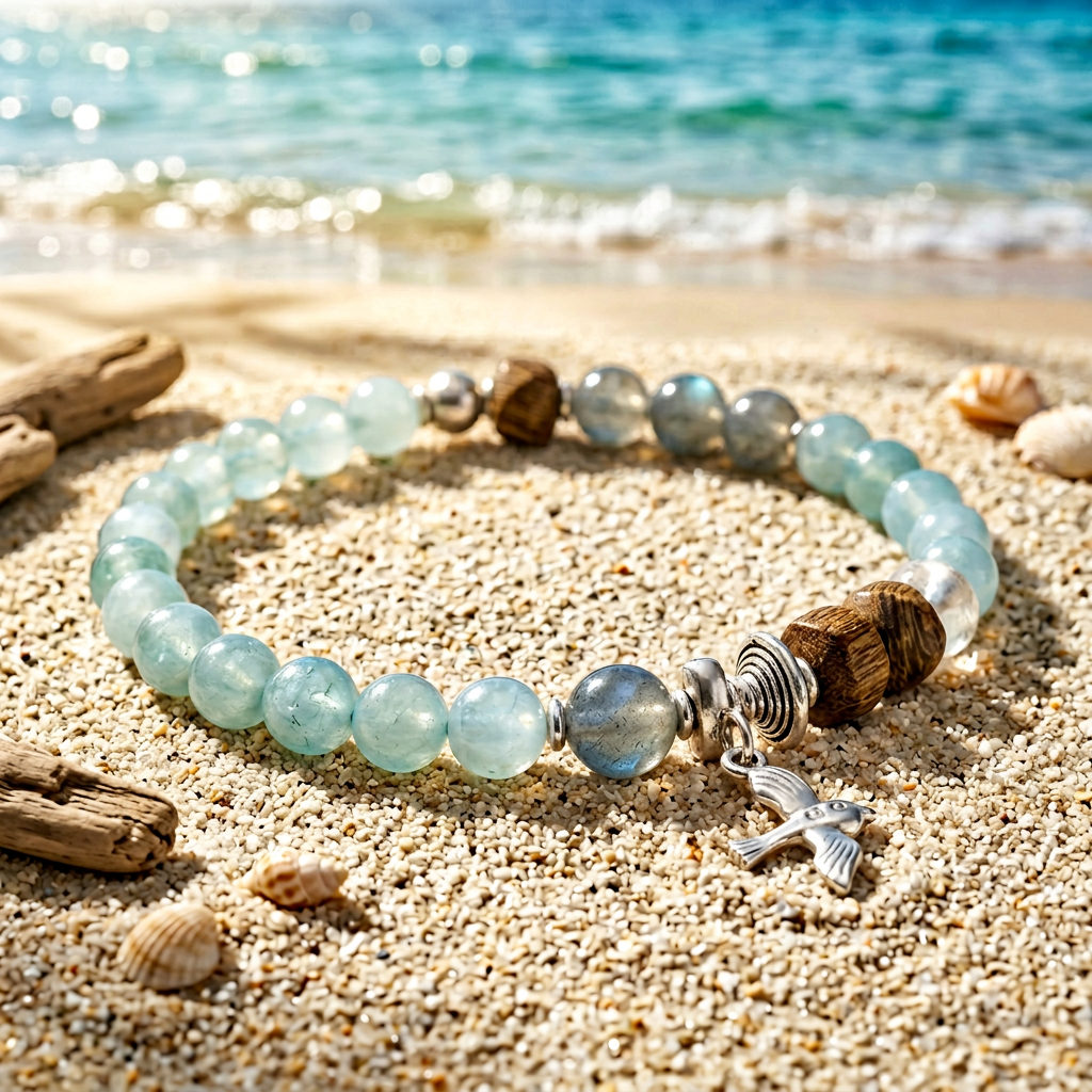 s925 Sterling Silver Moonstone Charm Beads Natural Aquamarine & Agarwood Bracelet