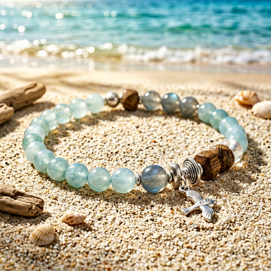 s925 Sterling Silver Moonstone Charm Beads Natural Aquamarine & Agarwood Bracelet