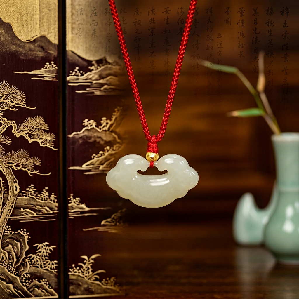 s925 Sterling Silver Bead Hand-Carved Jade Ruyi Pendant Braided Cord Adjustable Necklace