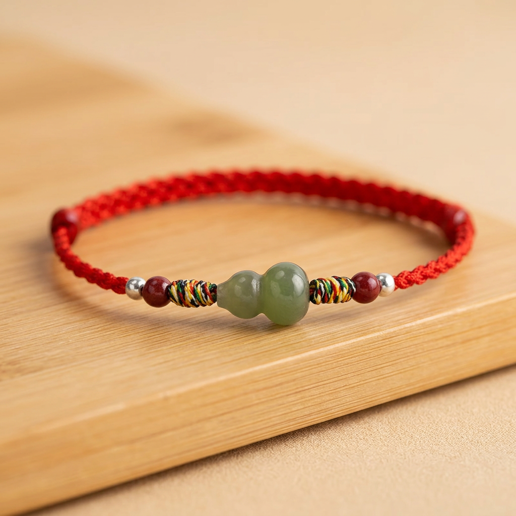S925 Sterling Silver Natural Hetian Jade Lucky Gourd Beads Cinnabar Woven Cord Anklet Bracelet