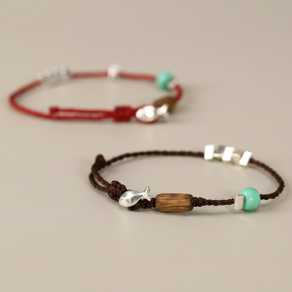 S925 s999 Sterling Silver Natural Wood Turquoise Charm Lucky Beads Woven Cord Bracelet