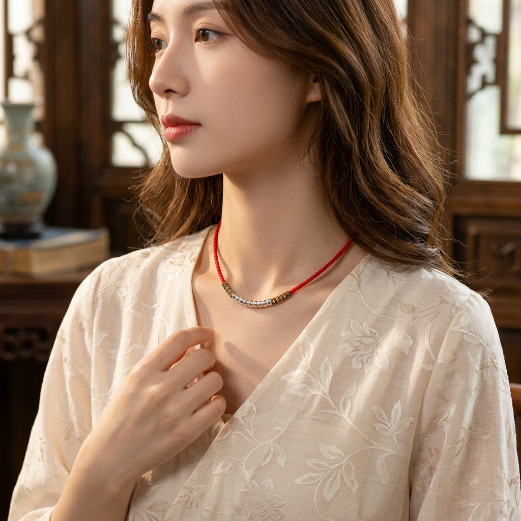 s925 Sterling Silver Minimal Charm Owner & Pet Matching Thread Cord Collar Necklace Set
