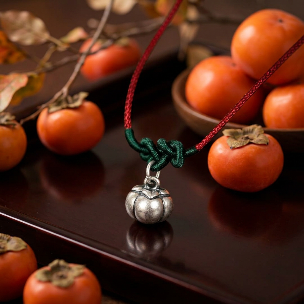 999 Fine Silver Persimmon Charm May Good Things Happen Braided Cord Adjustable Necklace