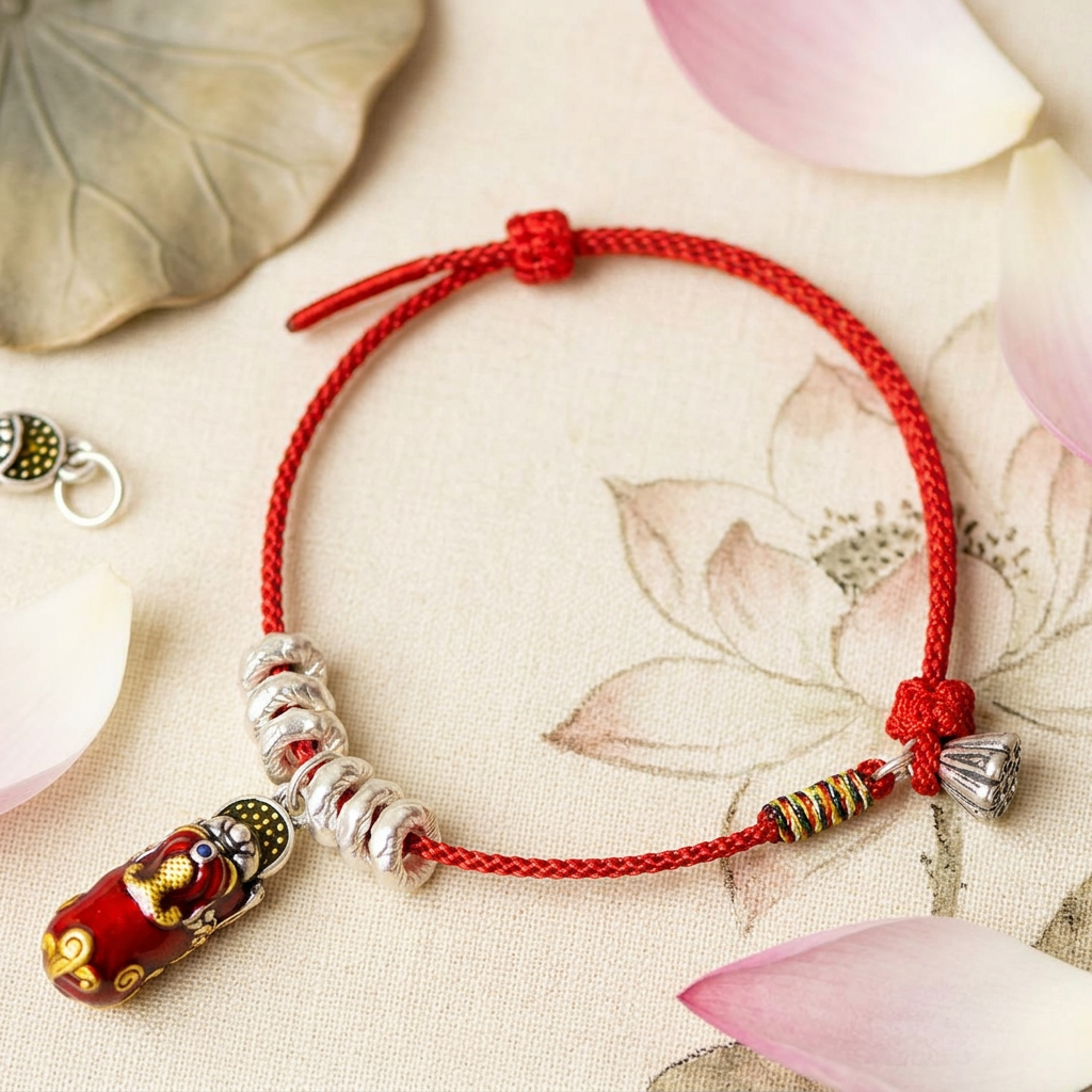 999 Fine Silver Pixiu Charm Bring Wealth Woven Lotus Pod Adjustable Cord Bracelet Anklet