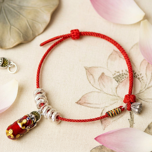 999 Fine Silver Pixiu Charm Bring Wealth Woven Lotus Pod Adjustable Cord Bracelet Anklet