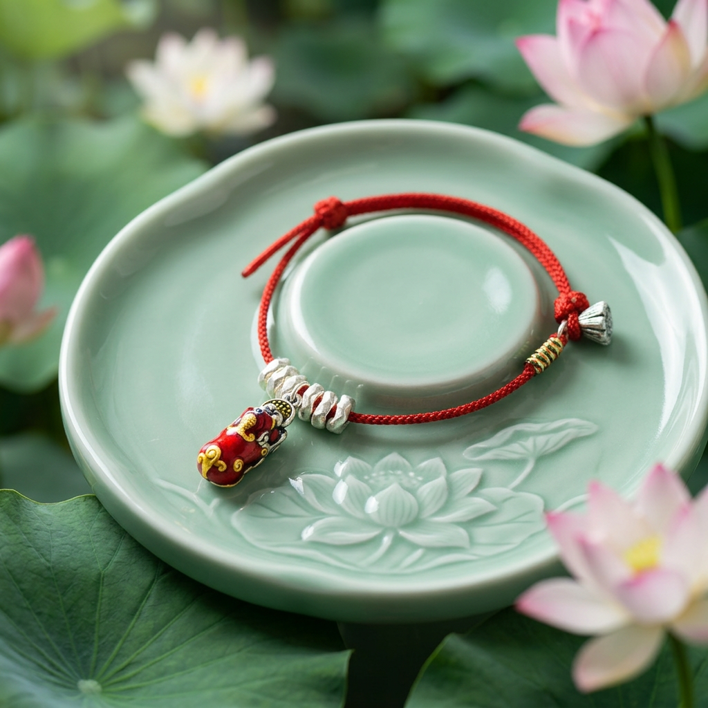 999 Fine Silver Pixiu Charm Bring Wealth Woven Lotus Pod Adjustable Cord Bracelet Anklet
