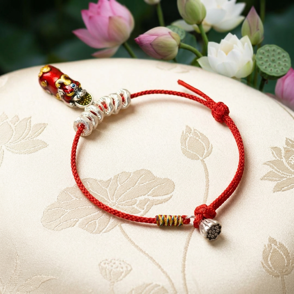 999 Fine Silver Pixiu Charm Bring Wealth Woven Lotus Pod Adjustable Cord Bracelet Anklet